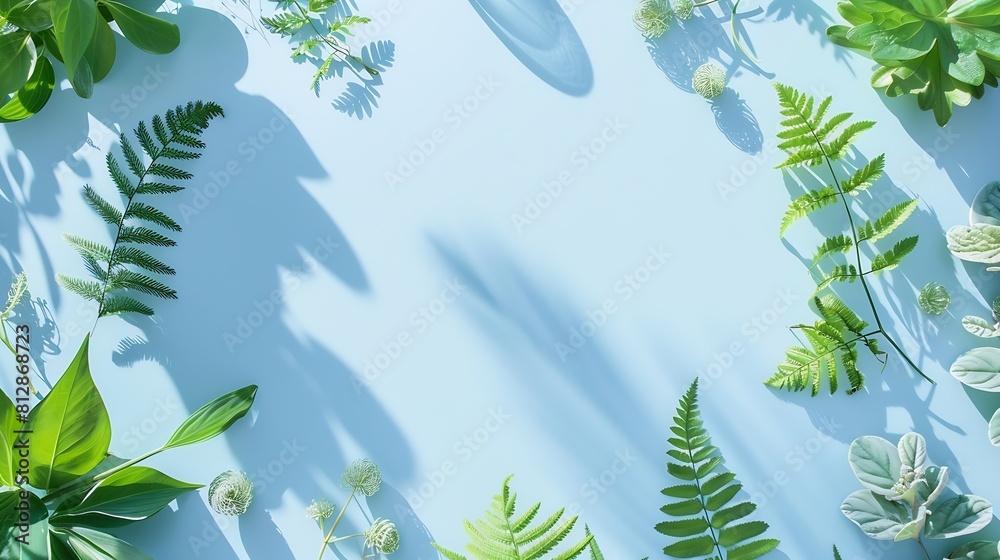Poster creative layout of green leaves various wild plants on blue and white empty round frame copy space s