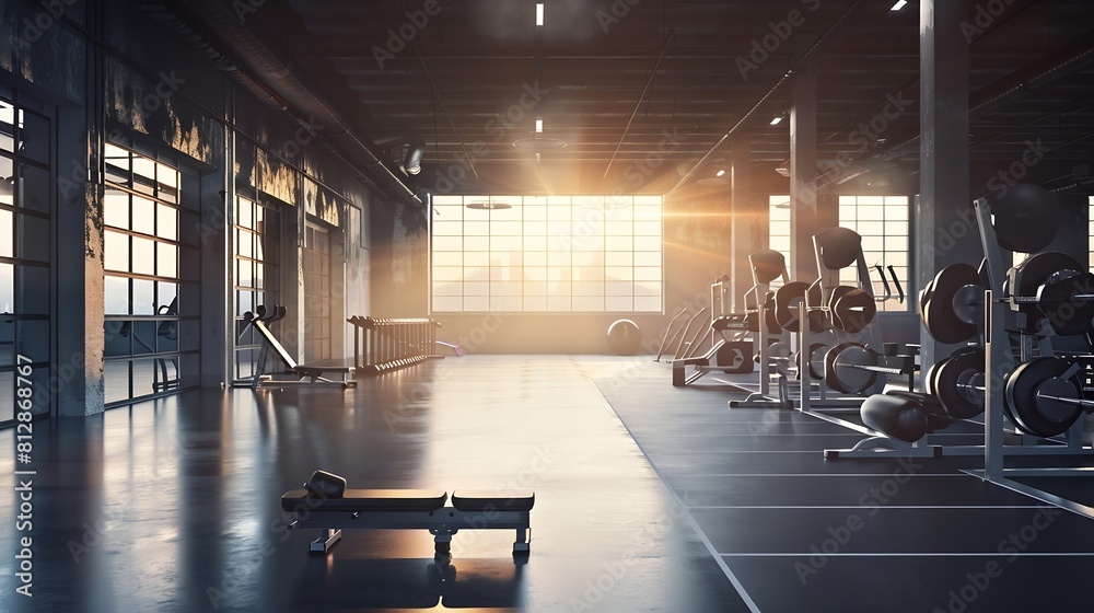 Poster empty gym and interior space or dark room with window and light flare for exercise training and fitn