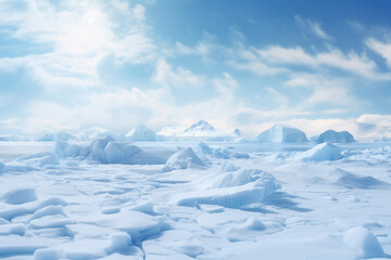 Naklejka premium Arctic or Antarctic with bright blue ice formations and scattered ice floes, sunny sky