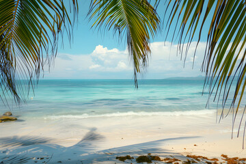 Fototapeta premium Serene Beach Scene: A tranquil beach with crystal-clear waters and palm trees swaying gently in the breeze, against a serene beach blue background