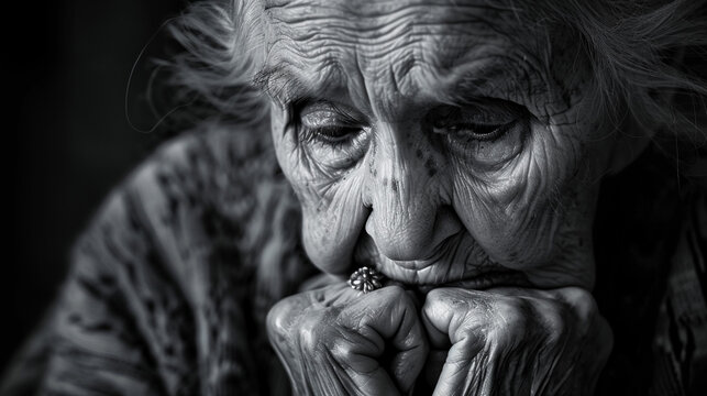 Portrait Grandmother / Old Woman Black And White Photo 