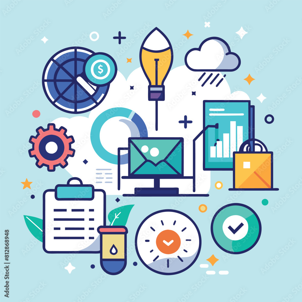 Poster blue background featuring a variety of icons representing different concepts and functionalities, a 
