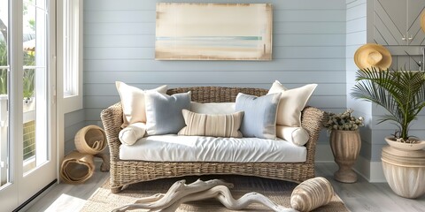 Seaside Guest Room Featuring Driftwood Wicker Loveseat and Beach-Inspired Natural Elements. Concept Seaside Decor, Wicker Furniture, Beach Theme, Natural Elements, Guest Room Design