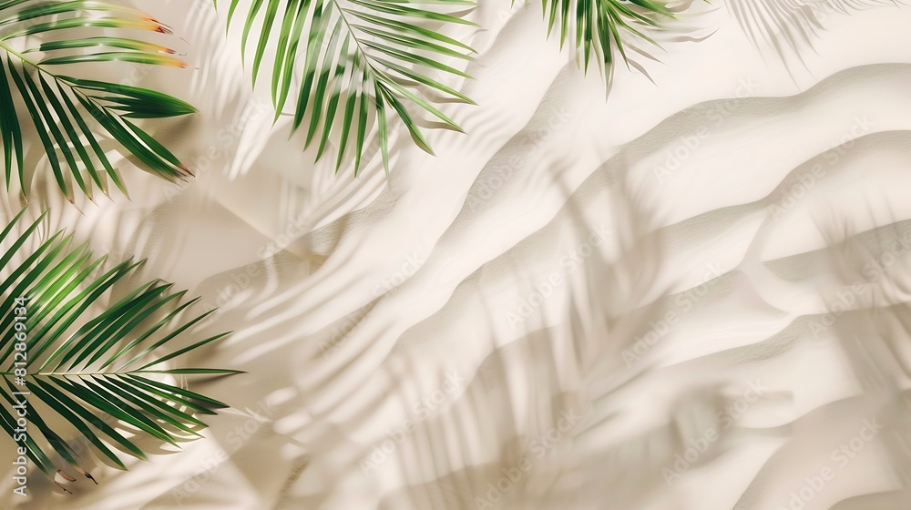 Poster summer beach background with send and blurred Palm vacation and travel concept Flat lay top view copy space Minimal exotic concept Creative layout of sand waves : Generative AI