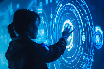 Tech Savvy: A person using futuristic technology, with holographic screens and virtual interfaces, against a sleek tech blue background