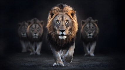 Leadership concept with majestic lion walking in front of his pride