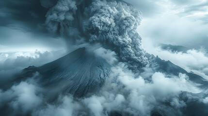 Powerful Display of Nature s Force: Ominous Volcanic Ash Clouds Billowing from an Erupting Volcano   Photo Realistic Stock Image Concept