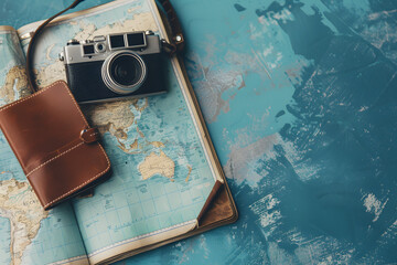 Travel Essentials: A collection of travel essentials including a passport, map, and camera, against an adventure seeker blue background