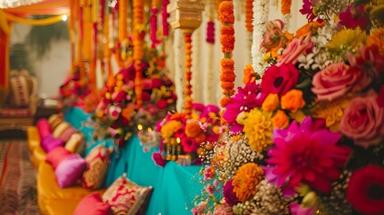 Exquisite Mehndi decorations adorned with an abundance of colorful flowers, creating a vibrant and joyful setting for the festivities