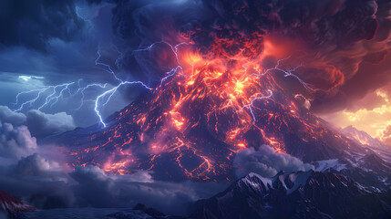 Photo realistic as Volcano with Lightning concept: Dramatic scene of lightning striking near a volcano during an eruption adding intensity to the explosive event