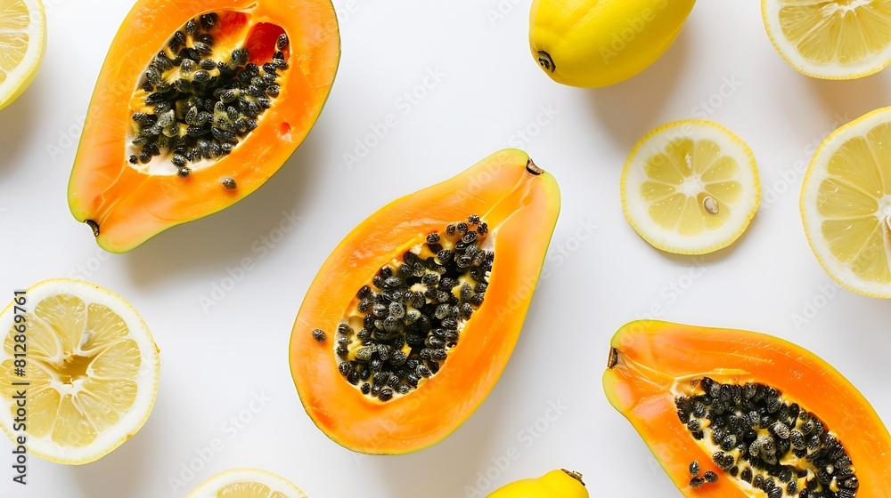 Poster creative layout made of papaya avocado and lemon on the white background flat lay food concept : gen