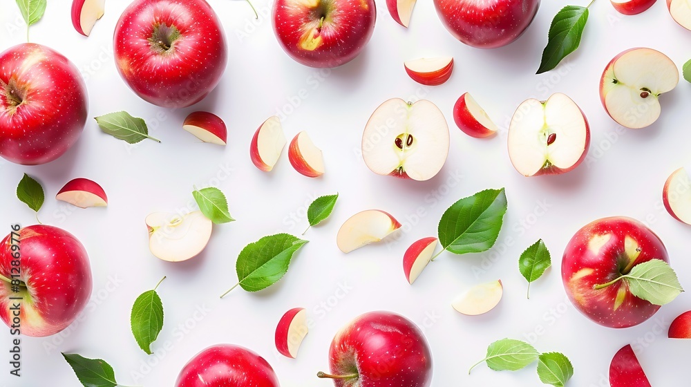 Poster red apples whole and pieces with leaves on a white background poster : generative ai