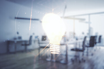 Virtual Idea concept with light bulb illustration on a modern furnished office background....