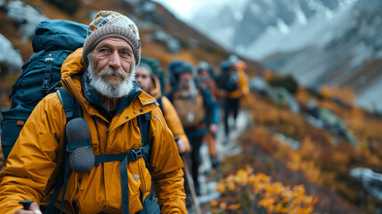 Hiker with beard in yellow jacket and backpack. Generative AI