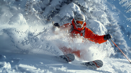 Naklejka premium Man skiing down snow covered slope. Generative AI