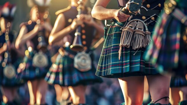 A kilted pipe band performs at an outdoor event.