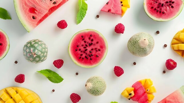 Creative layout made of summer fruits  Tropical flat lay Food concept Melon watermelon mangosteen dragonfruit and  loganberry on white background : Generative AI