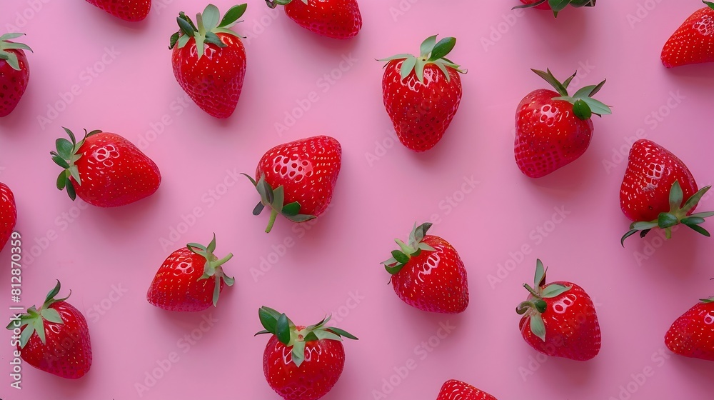 Poster Strawberry on pink background top view Berries pattern Strawberry flat lay on  pink background : Generative AI