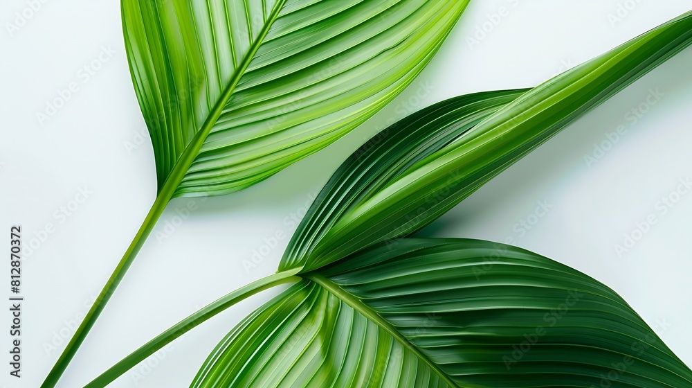 Poster Tropical leaves is placed on a white canvas with part of the leaf layout and copy space : Generative AI