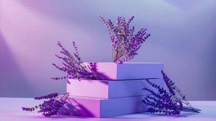 Rectangle podiums stacked on top of each other displayed with lavender flowers Lavender Lavandula...