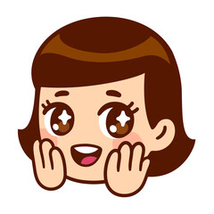 Happy excited girl face with sparkling eyes. Cute cartoon anime character emoji. Isolated vector clip art illustration.