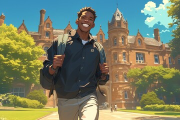 An African American male student is smiling and walking on campus, wearing casual with backpacks in his hand. 