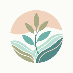 A plant centrally positioned within a circular border, minimalist design for a natural beauty brand logo, A minimalist logo for a natural beauty brand with a soft, muted color palette