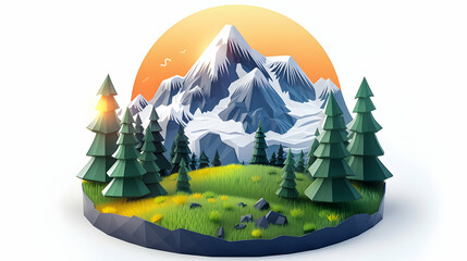 Alpine Meadows at Dusk: The Golden Glow of Sunset in a Simple Flat Design Isometric Scene
