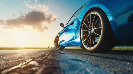 Blue car on asphalt road in summer : Generative AI