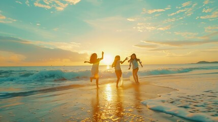 Happy young friends runs to sunset sea beach Tropical vacations concept : Generative AI