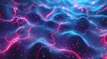 Neural patterns network artificial intelligence on neon glow light background. Neural interface aesthetics different designs, machine network neurons elements, fractals texture, waves hyper realistic 