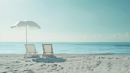 Panoramic view of two chairs and white umbrella on the beach Banner lots of copy space : Generative AI