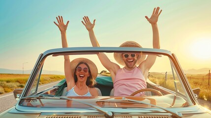 Road trip summer vacation fun young couple driving convertible car on holiday travel destination banner panoramic Woman with arms up happy man driver having fun : Generative AI