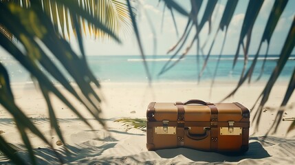 Suitcase On Beach  Tropical Sand With Sunny Sea And Palm Leaves : Generative AI