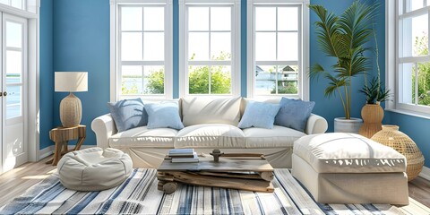 Coastal living room mockup with soft blue tones linen upholstery and driftwood accents. Concept Coastal Decor, Blue Tones, Linen Upholstery, Driftwood Accents, Living Room Mockup