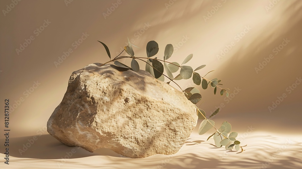Poster podium for exhibitions and product presentations material stone eucalyptus branch beautiful beige ba