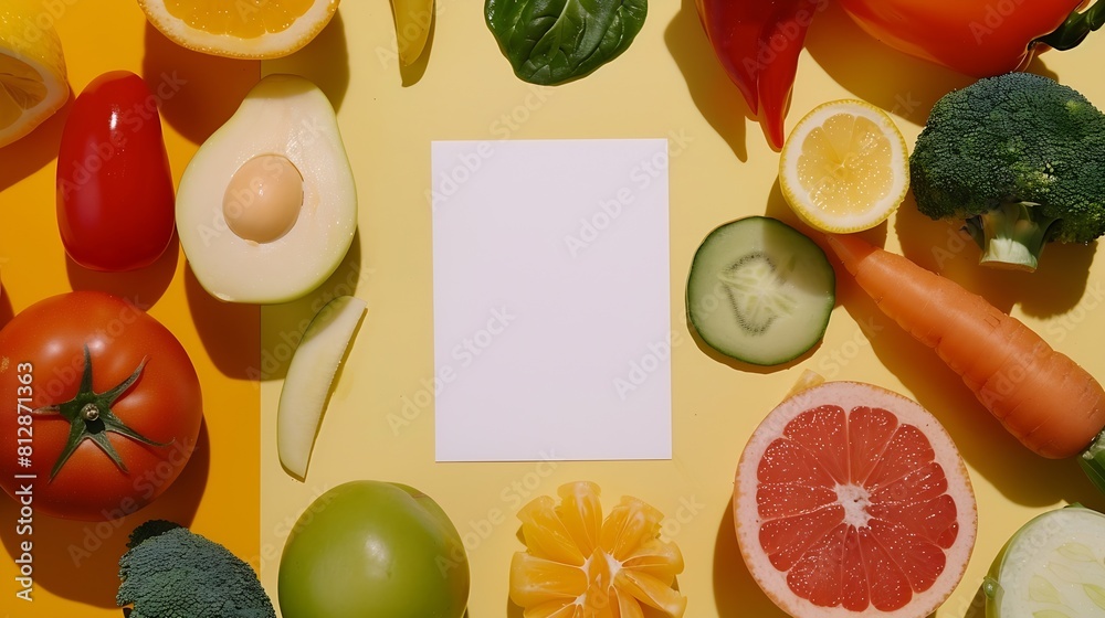 Poster creative layout made of various fruits and vegetables with white paper card flat lay food concept : 
