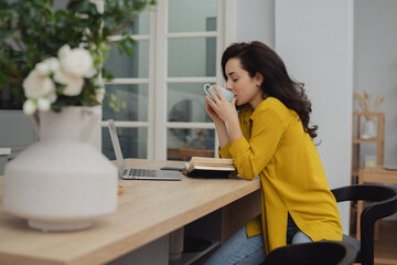 High angle view of an young brunette working at her office desk with documents and laptop.