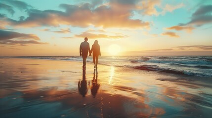 Plan life insurance of happy retirement concepts. Senior couple walking on the beach holding hands at beach sunrise in evening. hyper realistic 