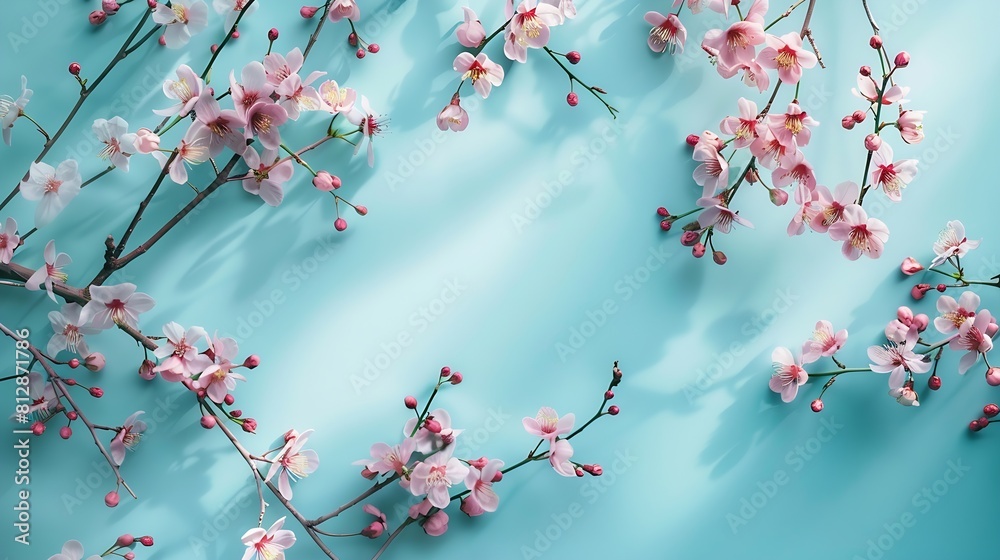 Poster Beautiful Turquoise blue background with spring cherry blossom branches top view flat lay frame Creative springtime layout banner or template : Generative AI