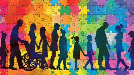 Obraz premium Colorful Jigsaw Puzzle with Silhouette Figures - Diversity and Inclusion Theme
