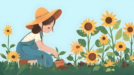 A woman sitting amidst a vibrant field of flourishing sunflowers admiring the natural beauty and serenity of the pastoral landscape