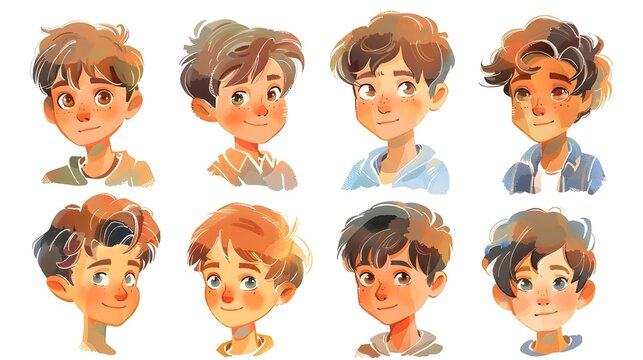 Adorable Cartoon Style Portraits of Smiling Young Boys in Various Facial Expressions
