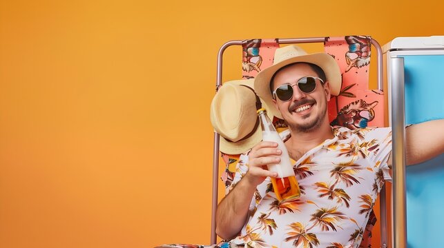 Young smiling happy fun cool tourist man in beach shirt hat hold beer bottle lie on deckchair near fridge isolated on plain orange background studio portrait Summer vacation sea rest s : Generative AI