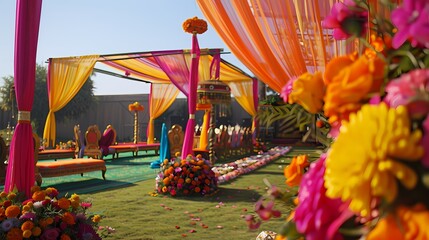 Intricate Mehndi decorations featuring a burst of colorful flowers, adding vibrancy and charm to the ceremonial space - Powered by Adobe