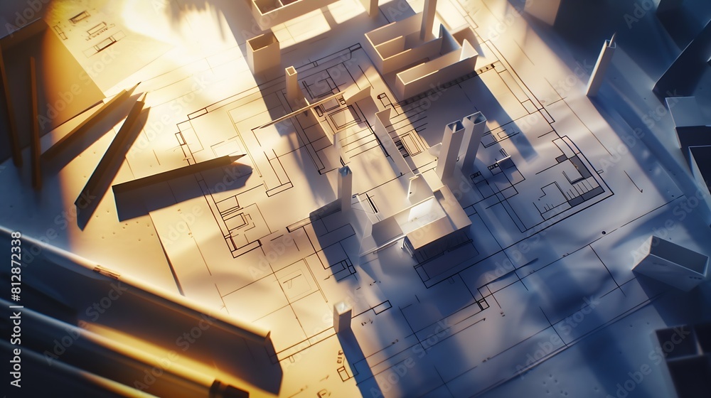 Poster Top view of architect drawing on architectural project : Generative AI