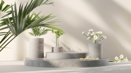 Gray podiums in cylinder and round shape decorated with Feverfew flowers and blocks of stone Tropical leaf shadow Stage showcase on minimal podium display : Generative AI