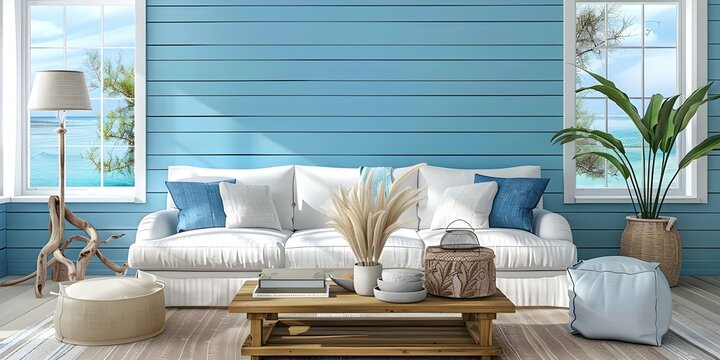 Coastal Living Room Mockup Featuring Soft Blue Linen Upholstery and Driftwood Accents. Concept Home Decor, Coastal Style, Living Room Design, Soft Blue, Driftwood Accents