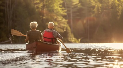 Retired couple canoeing on lake : Generative AI - Powered by Adobe