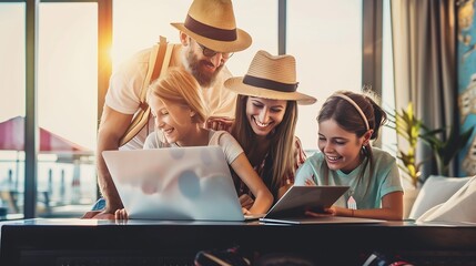 Happy people planning holiday trip Family getting ready for travel vacation using laptop computer to monitor prices pick airline buy tickets purchase flight look for rentals or book ho : Generative AI